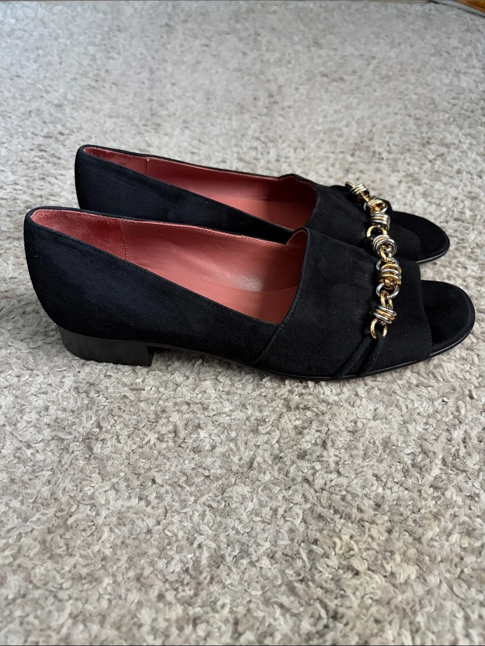 Tory Burch Runway Chain Peep-Toe- Black Suede
